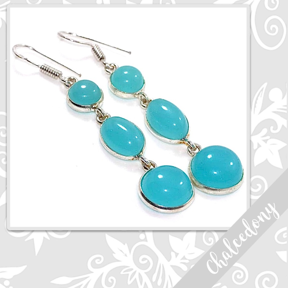 Chalcedony Eclectic Silver Drop Dangle Earrings 2.5” (Aqua / Turquoise Blue)
